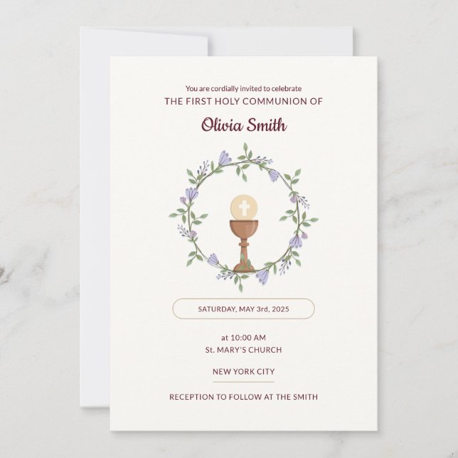Fleurs pourpres Wreath First Communion Invitation (Devant)