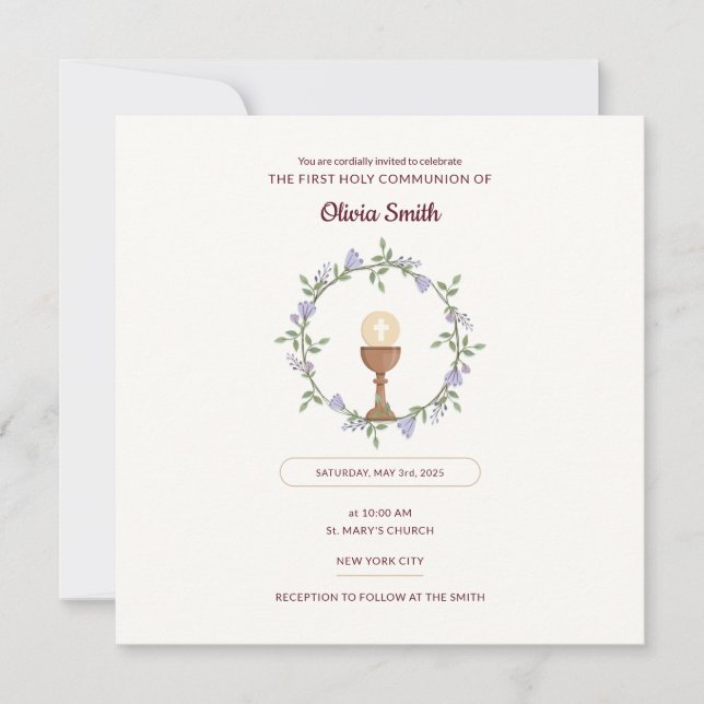 Fleurs pourpres Wreath First Communion Invitation (Devant)
