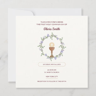 Fleurs pourpres Wreath First Communion Invitation
