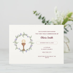Fleurs pourpres Wreath First Communion Invitation