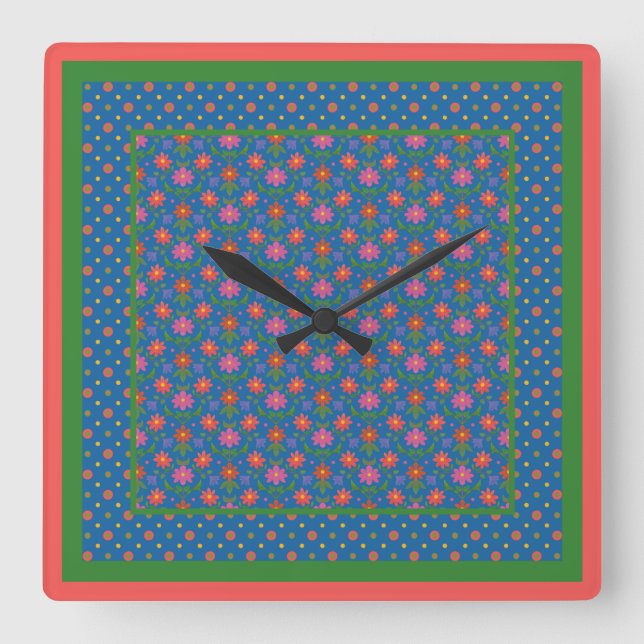 Fleurs Rangoli Chic, horloge murale Carré Pois (Recto)