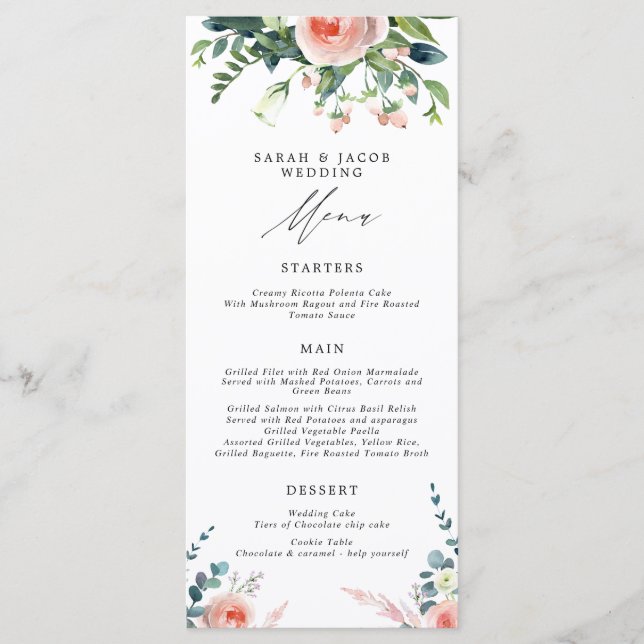 Fleurs romantiques Blush Rose Floral Mariage Menu (Devant)