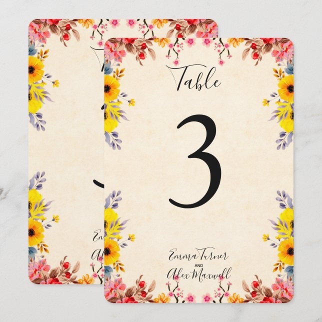 Fleurs romantiques | Cartes de numéro de table (Devant / Derrière)