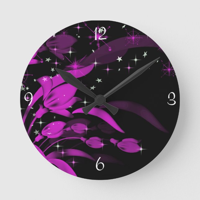 Fleurs Rose Néon, Horloge Murale Noire (Recto)