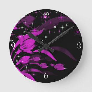Fleurs Rose Néon, Horloge Murale Noire