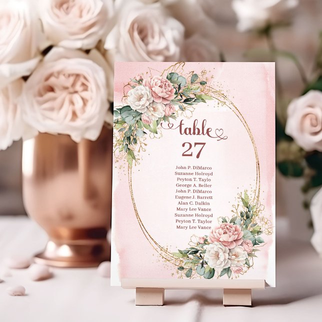 Fleurs Rose Pâle Doré Numéro de Table (Soft Blush Pink Flowers Gold Glitter Table Number)