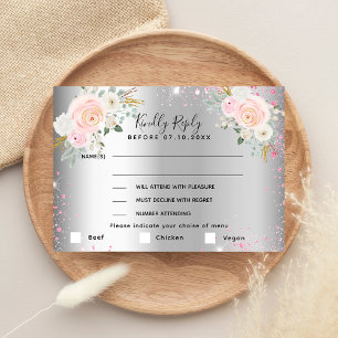 Fleurs roses argentées menu mariage RSVP