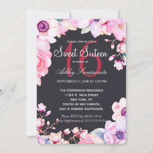 Fleurs roses blanches sur sucré noir 16 invitation