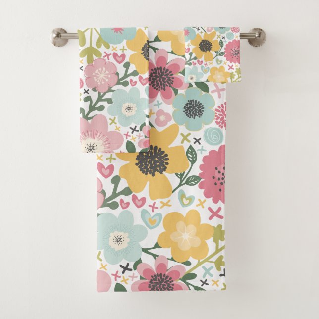 Fleurs roses bleues jaunes Serviette de bain moder (En situation)
