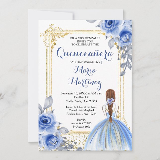 Fleurs Roses bleues Quinceañera Invitation (Devant)