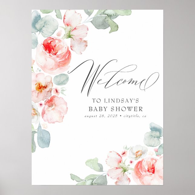 Fleurs roses Élégante Affiche de bienvenue Baby sh (Devant)
