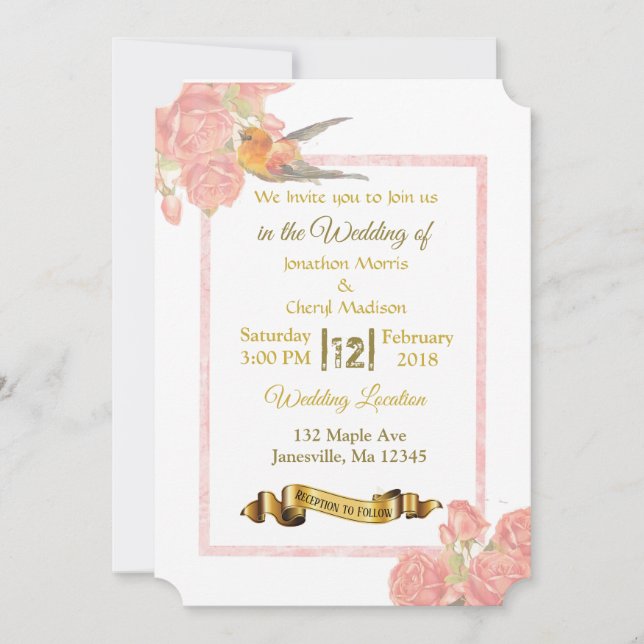 Fleurs roses et d'or et invitations de mariage d'o (Devant)