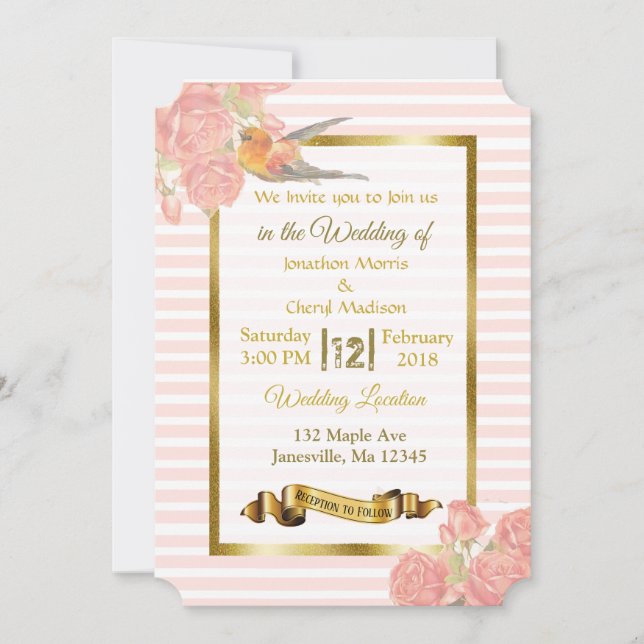 Fleurs roses et d'or et invitations de mariage d'o (Devant)