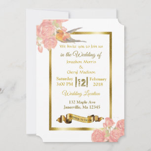 Fleurs roses et d'or et invitations de mariage d'o