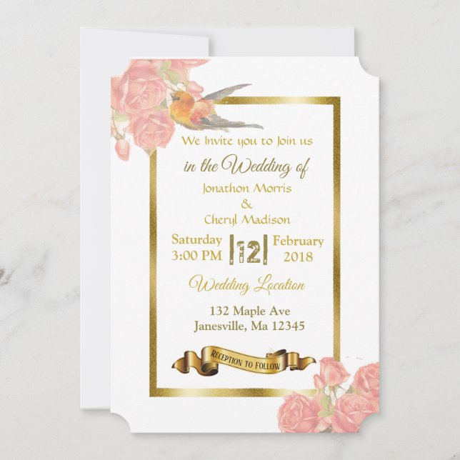 Fleurs roses et d'or et invitations de mariage d'o (Devant)