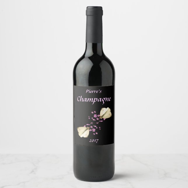 Fleurs roses et papillons Floral Vin Étiquette (Devant)