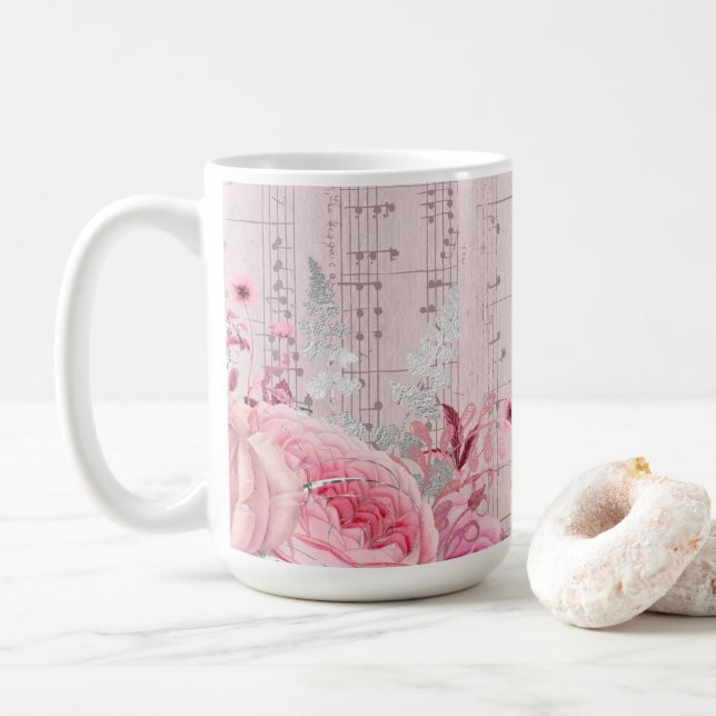 fleurs roses feuille de musique tasse de café (Avec donut)