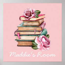 Fleurs roses lecture livre mignon enfant poster