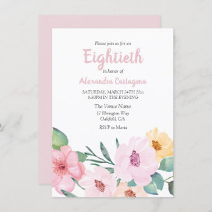 Fleurs roses mignonnes 80e anniversaire Invitation