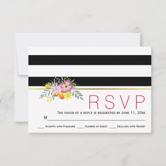 Fleurs roses modernes rayures mariage floral RSVP (Devant)
