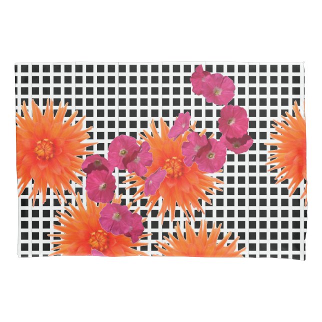 Fleurs roses orange B/W Paire de contrôle des taie (devant-gauche)