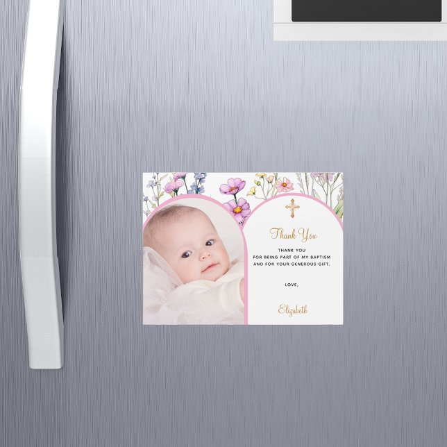 Fleurs roses photo Baptême Merci carte magnétique (Créateur téléchargé)