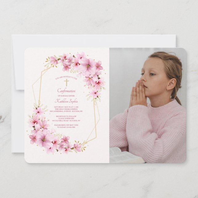 Fleurs roses Photo Invitation religieuse (Devant)