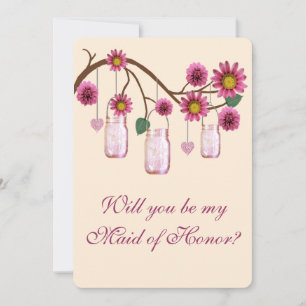 Fleurs Roses Pots Mason Demoiselle D'Honneur Carte
