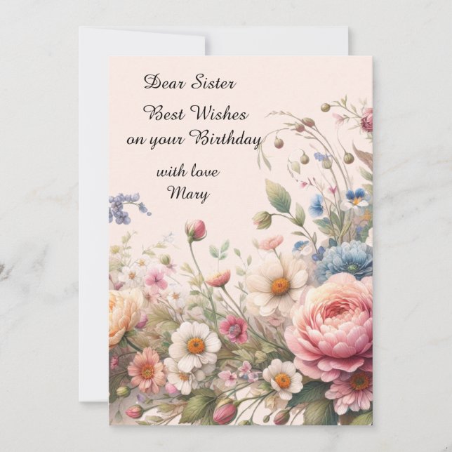 Fleurs Roses Pour Soeur Carte Plat Anniversaire (Devant)