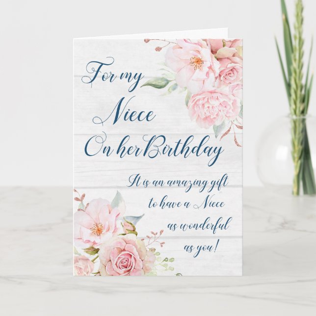 Fleurs roses Rustiques Niece Carte d'anniversaire (Devant)