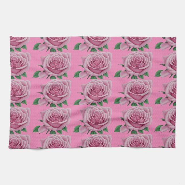 "Fleurs Roses : Serviette de cuisine rose moderne (Horizontal)
