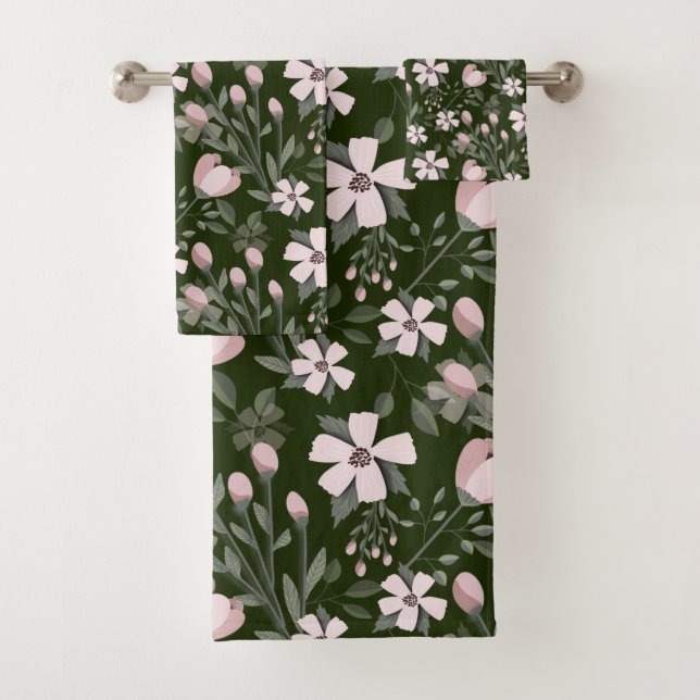 Fleurs roses vert foncé feuilles floraux modernes (En situation)