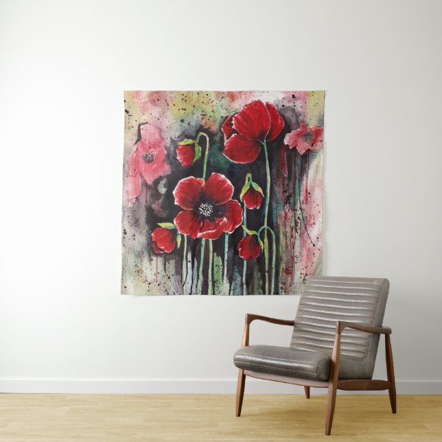 Fleurs Rouges En Aquarelle Tapisserie (En situation)