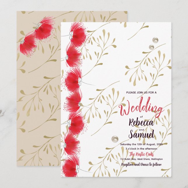 Fleurs rouges, Faire-part de mariage Feuille or (Devant / Derrière)