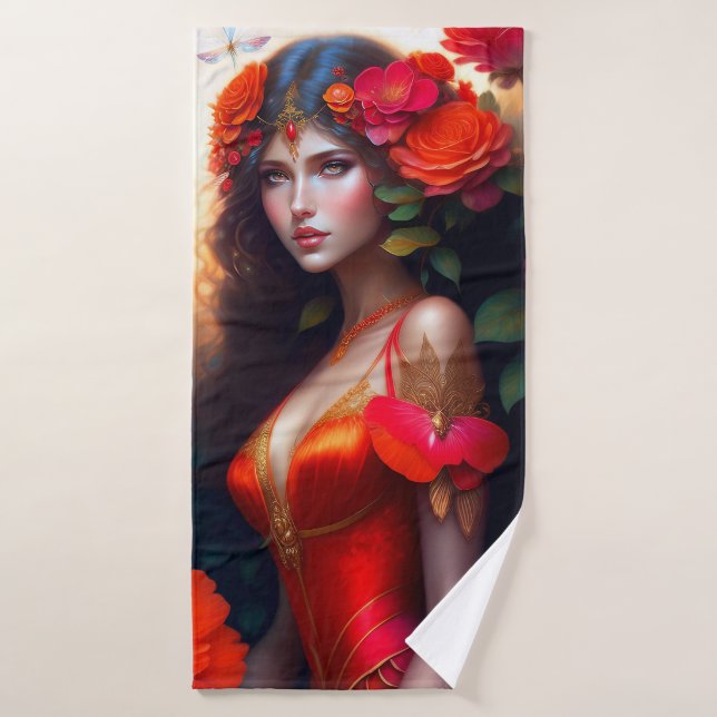 Fleurs rouges Imaginaires (Serviette de bain)