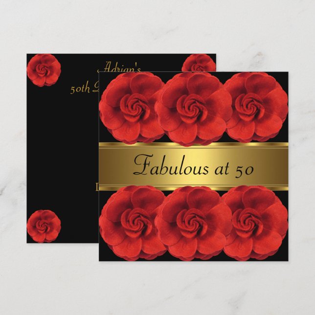 Fleurs rouges Invitations Black Gold Fabuleux 50e (Devant / Derrière)