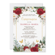 Fleurs rouges Quinceanera Invitation en espagnol