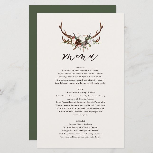 Fleurs rustiques et bois de cerf menu mariage (Devant / Derrière)