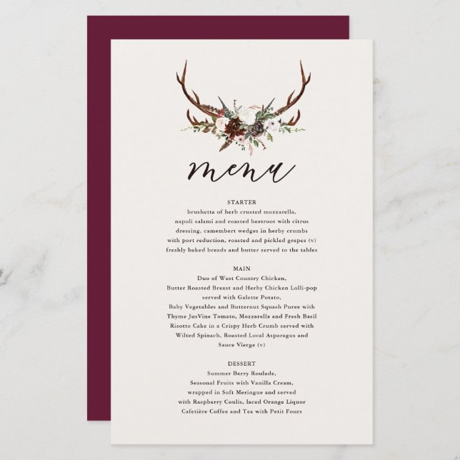 Fleurs rustiques et bois de cerf menu mariage (Devant / Derrière)