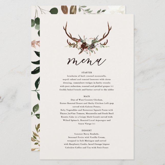 Fleurs rustiques et bois de cerf menu mariage (Devant / Derrière)