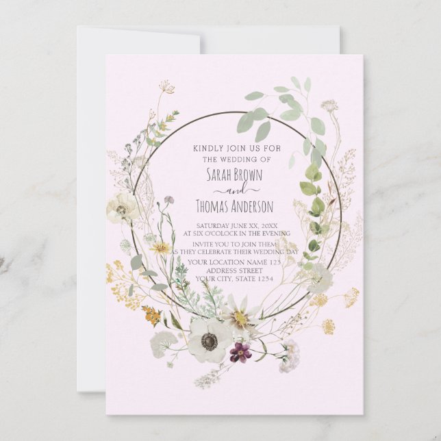Fleurs sauvages couleur douce Baby Pink Invitation (Devant)