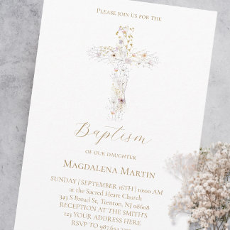 fleurs sauvages croix | Invitation de baptême