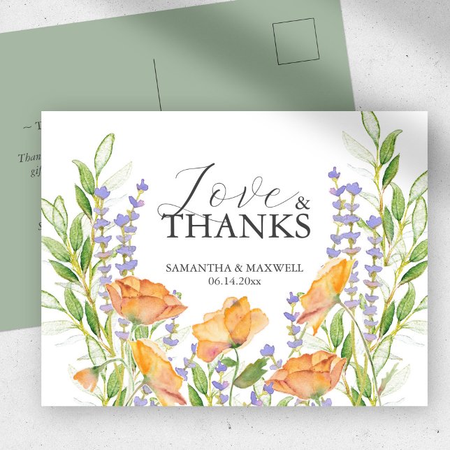 Fleurs sauvages d'aquarelle carte de remerciements (Bridal shower thank you postcard watercolor wildflowers by Victoria Grigaliunas )