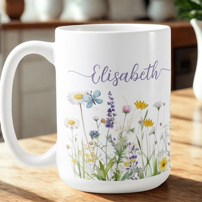 Fleurs sauvages d'été printemps Nom de script Mug (Créateur téléchargé)