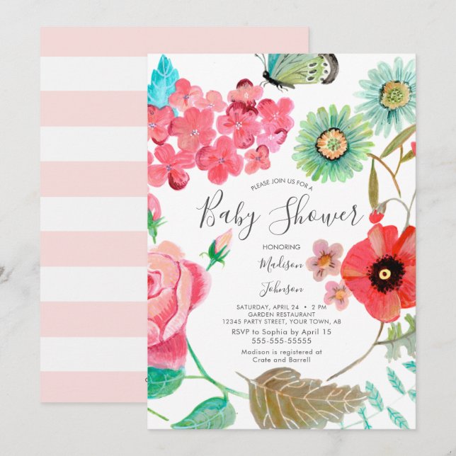 Fleurs sauvages Pavot | Baby shower | Invitations (Devant / Derrière)