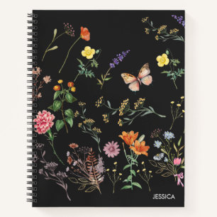 Fleurs sauvages Pressé Floral Black Name Carnet