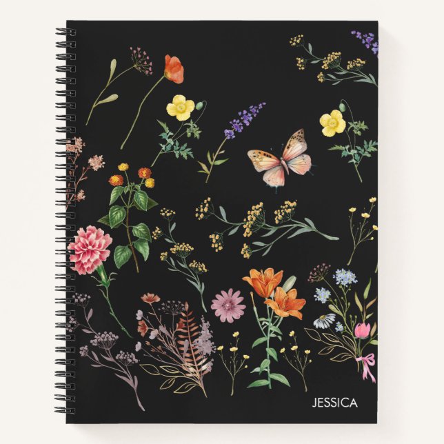 Fleurs sauvages Pressé Floral Black Name Carnet (Devant)