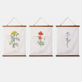 Fleurs sauvages Set von 3 Wall Tapestes Wandteppich Mit Holzrahmen