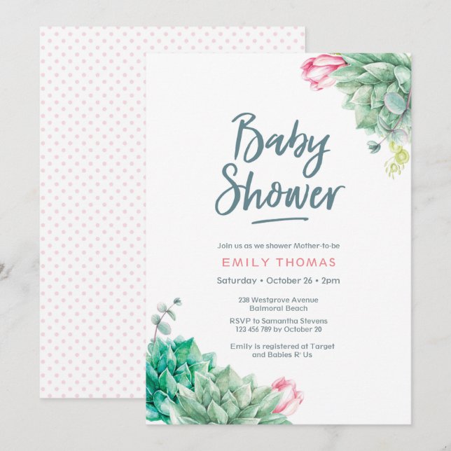 Fleurs Succulentes Fille Baby shower Invitation (Devant / Derrière)
