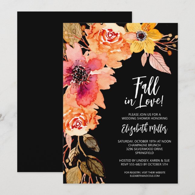 Fleurs sur Invitations de douche nuptiale noire (Devant / Derrière)